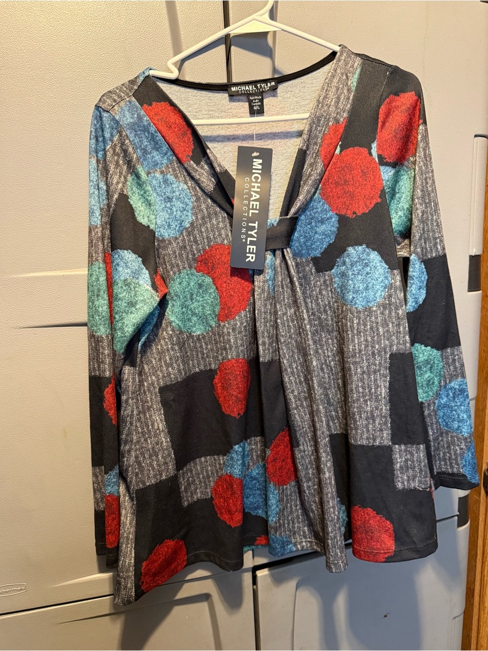 Michael Tyler Gray V-Neck Blouse with Red & Teal Dot Print